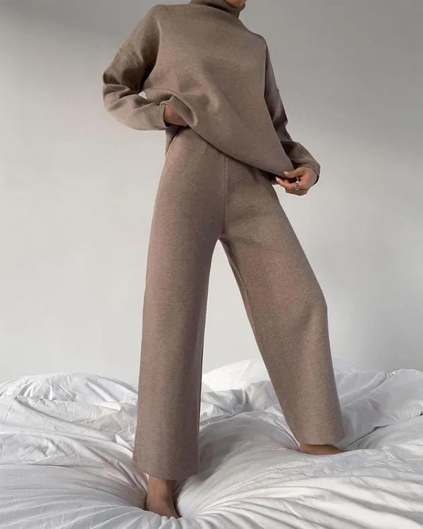 Turtleneck Sweater Wide Leg Knitting Pants Set
