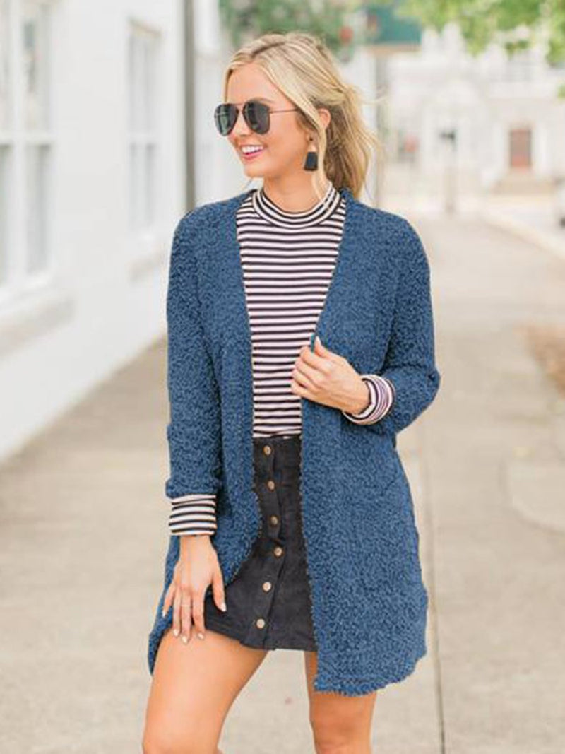 Open Front Large Pockets Long Sleeves Cardigan