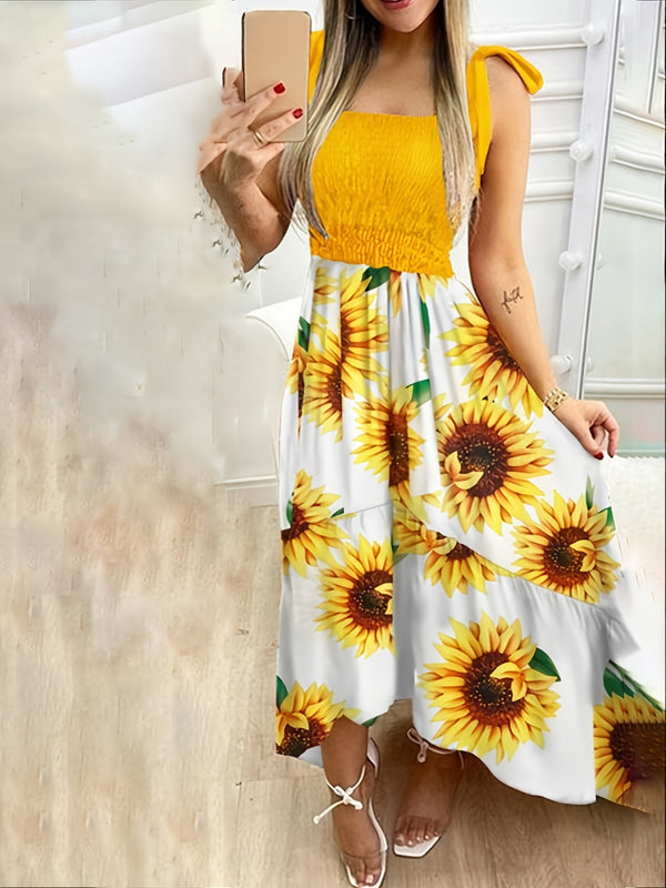 Floral Print Asymmetrical Color Block Spaghetti Strap Maxi Dress