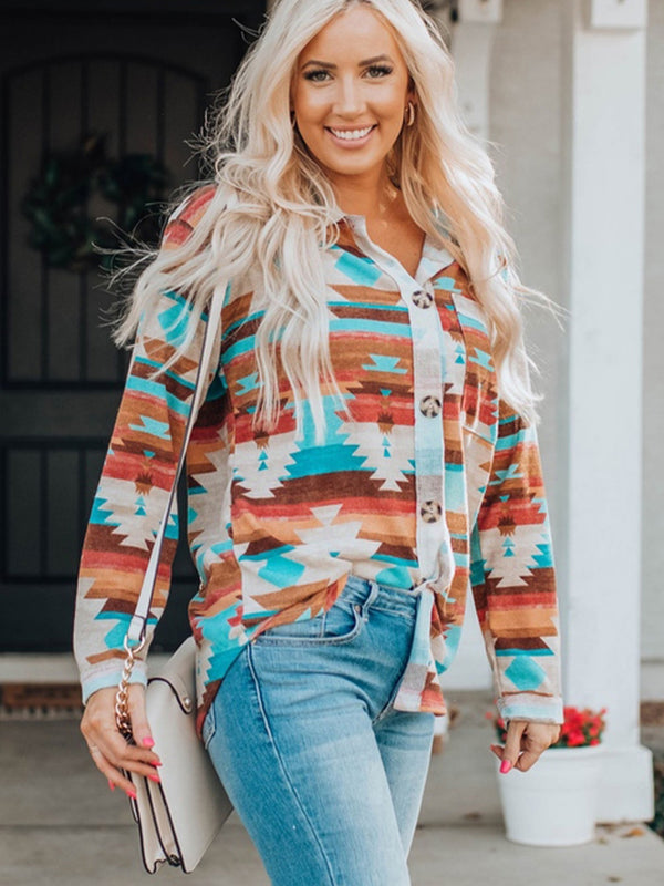 Multicolor Printed Buttoned Pocket Chest Long Sleeve T Shirt