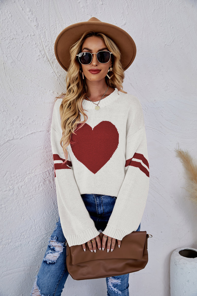 Heart Printed Round Neck Knit Sweater