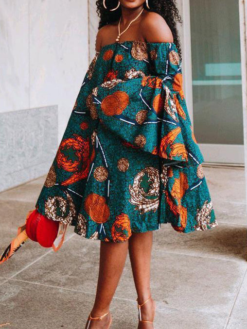 Women's Dresses One Shoulder Flared Sleeve Print Dress