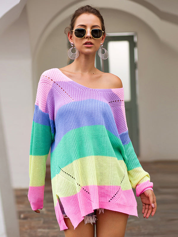 V Neck Color Block Striped Sweater
