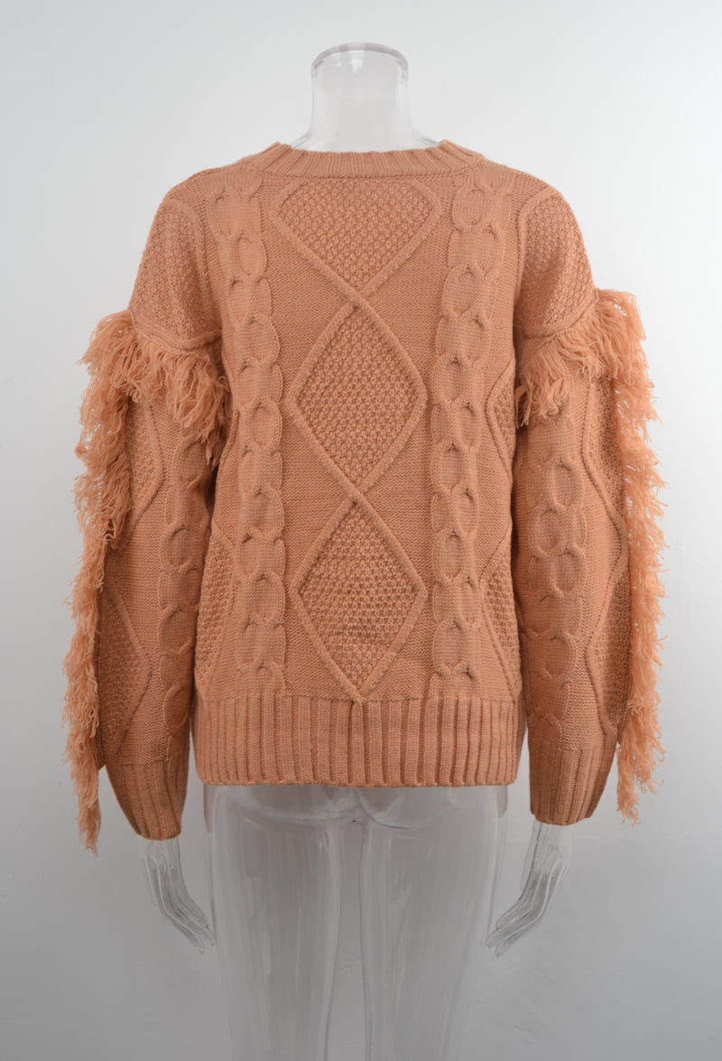 Round Neck Long Sleeve Cable Knit Design Sweater