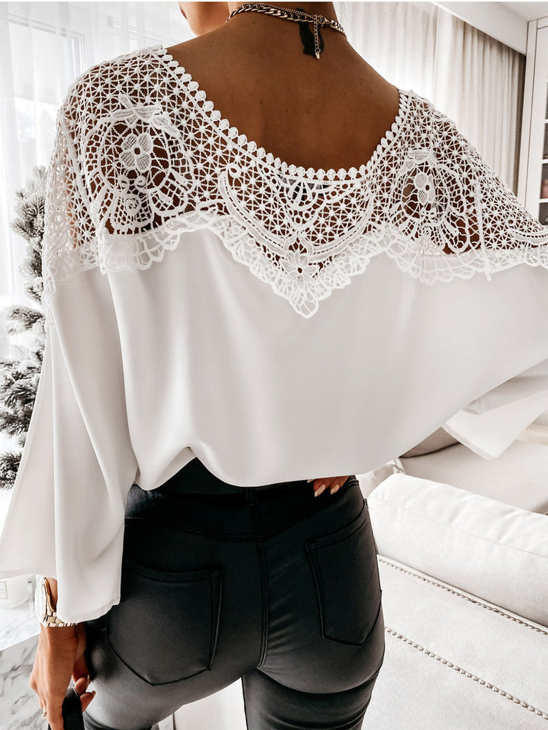 Casual Lace Neck Tie Knot Wide Sleeve Loose Blouse Top