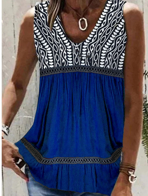 Casual V-Neck Sleeveless Printed Loose Blouse Top
