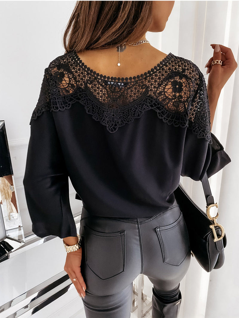 Casual Lace Neck Tie Knot Wide Sleeve Loose Blouse Top