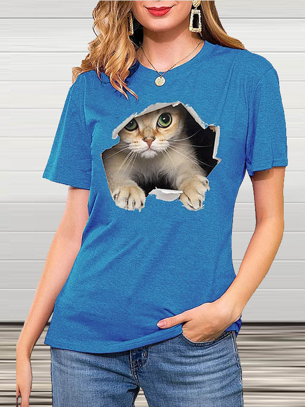 Crew Neck Short Sleeve Cat Print T-Shirt