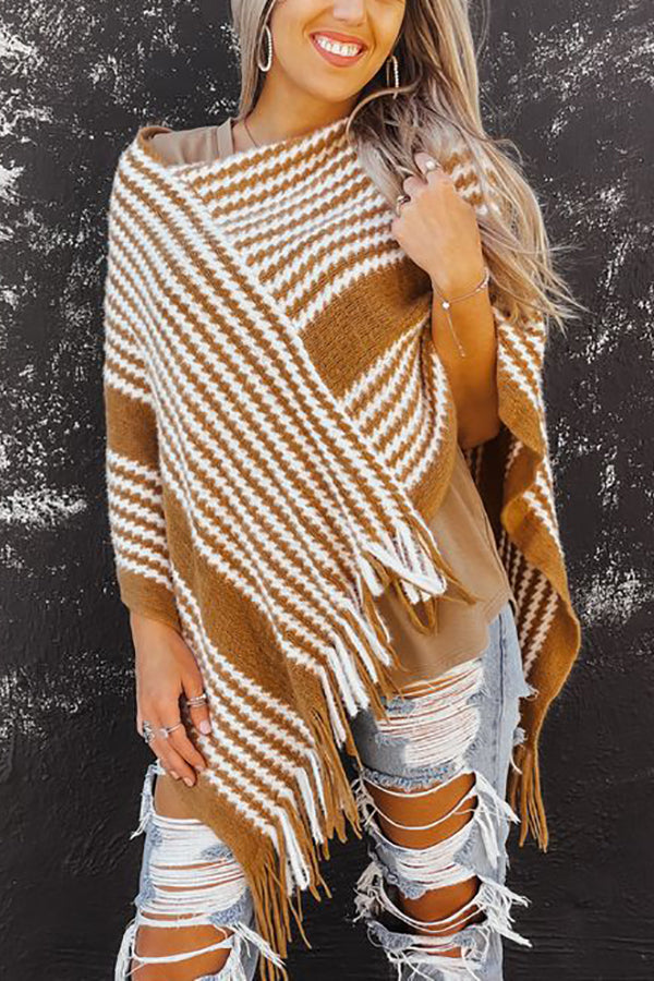 Stripe Block Tassels Poncho