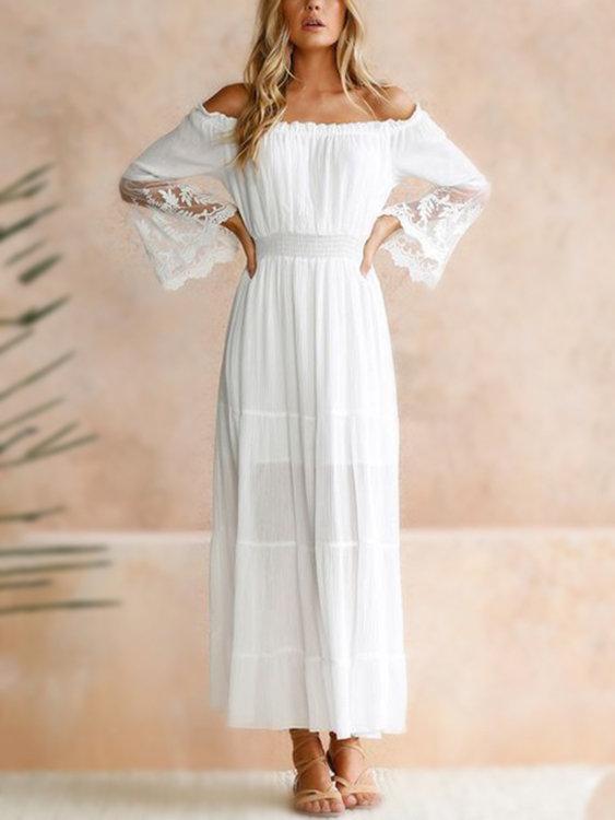 White Lace Details Off The Shoulder Flared Sleeves Maxi Dress