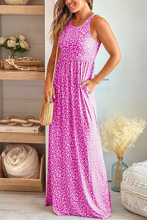 Sleeveless High Waist Pockets Maxi Leopard Dress