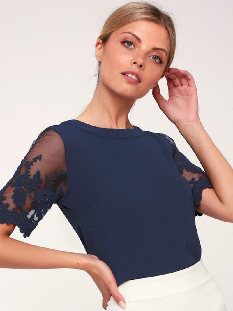 Navy Short Sleeve Floral Embroidered Office Lace Top - Landing Closet