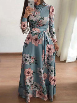 Casual Long Sleeve Boho Flower Print Long Maxi Dress