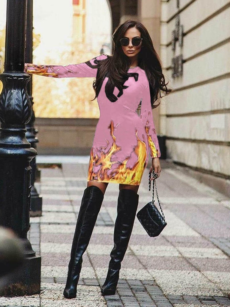 Fire Printed Long Sleeve Bodycon Mini Skirt - Landing Closet