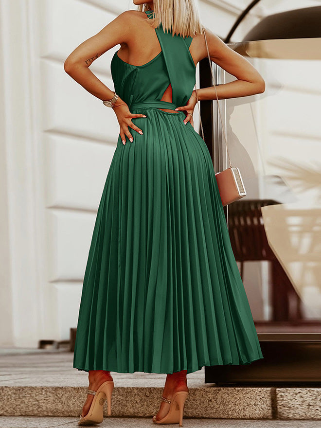 Women's Dresses Halter Cutout Tie Backless Pleated Dress