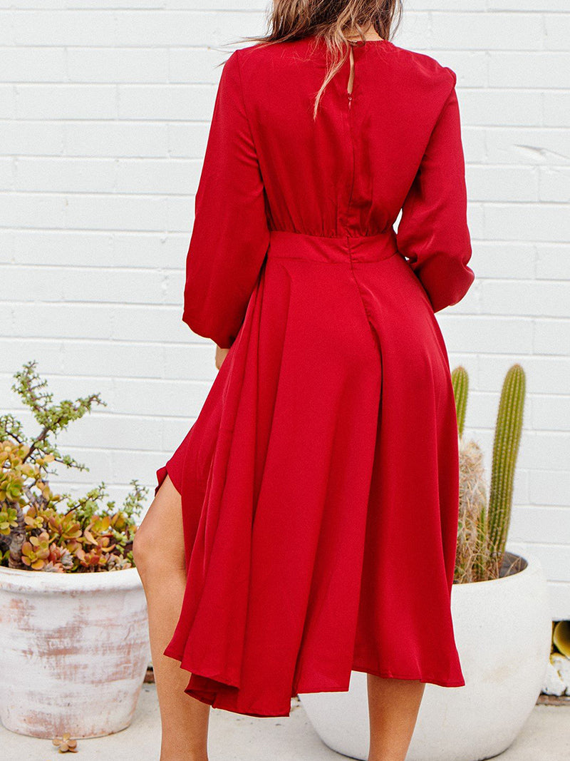 Red Deep V-neck Long Sleeve Belt Dress