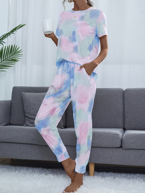 Casual Tie-dyed Pantsuits Two-piece Set, Short Sleeve Tops & Drawstring Loose Pants Set, Women's Clothing