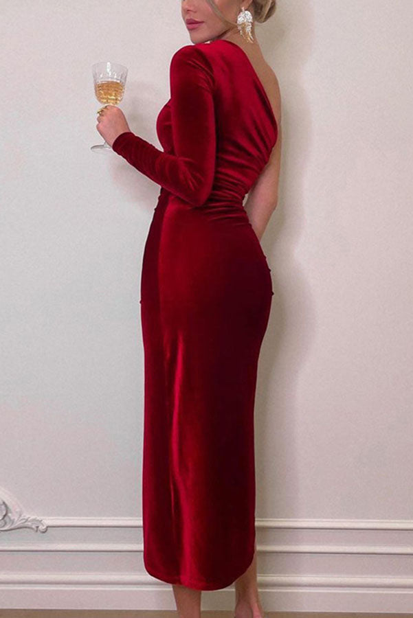 Miss Hollywood Velvet One Shoulder High Slit Midi Dress