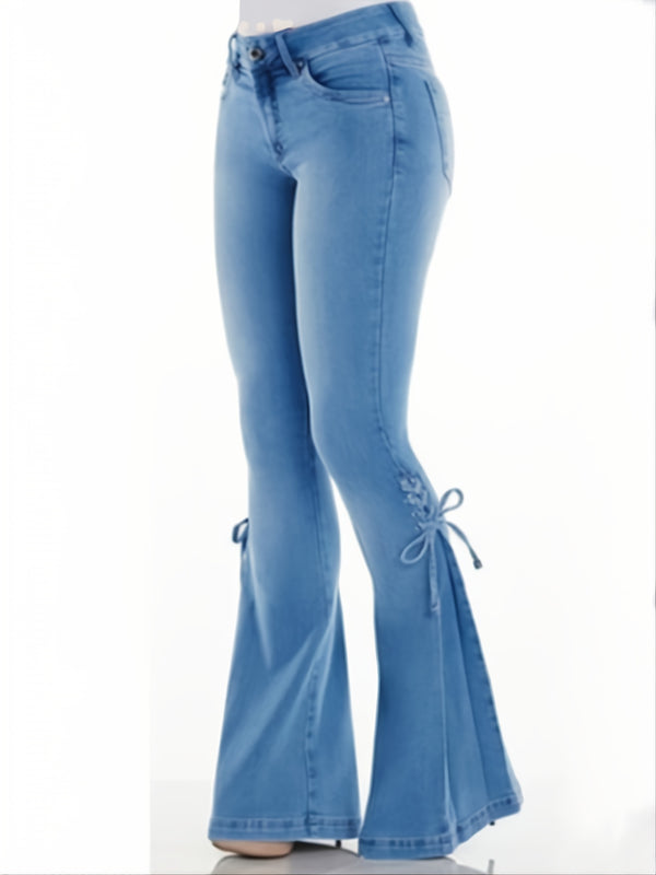 Stretchy Lace Up Side Bell-Bottom Denim Jean Pants