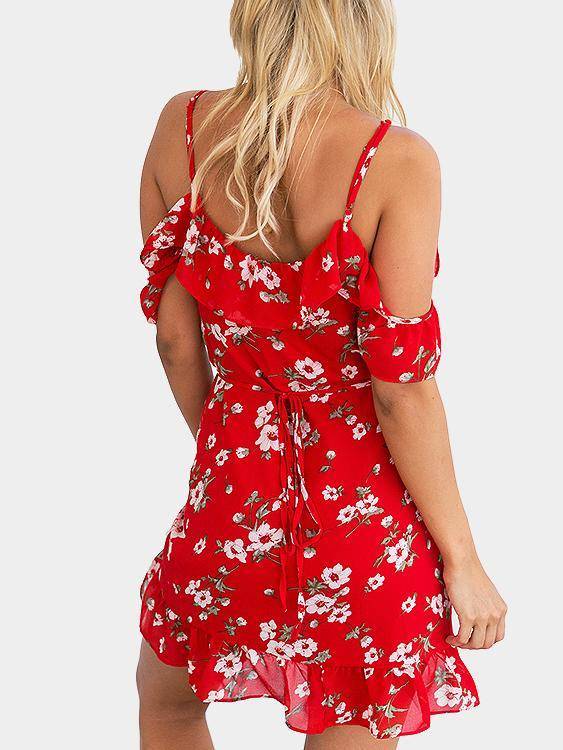 Red Floral Print V Neck Ruffle Cold Shoulder Mini Dress - Landing Closet