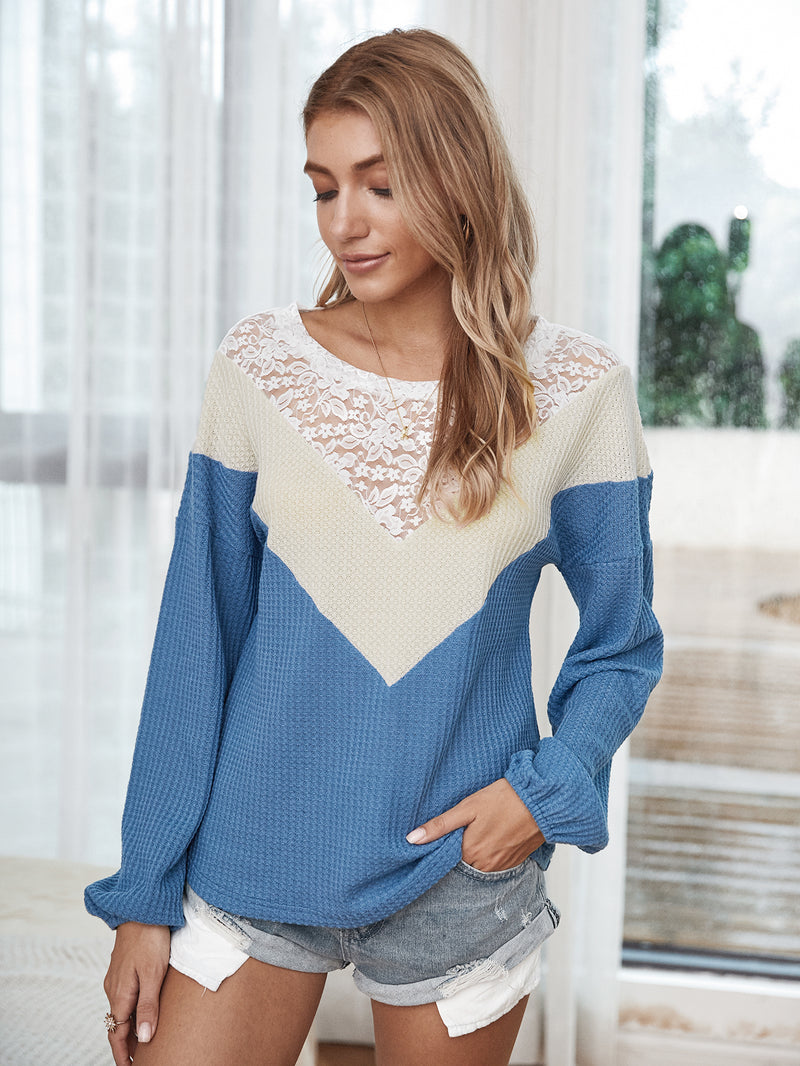 Lace Neck Long Sleeve Pullover