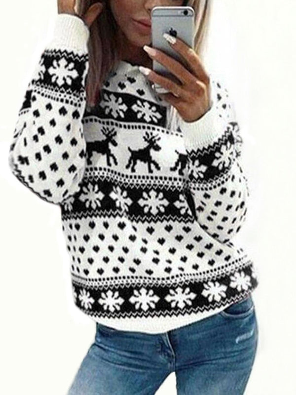 Long Sleeves Elk Snowflake Knitted Pullover Sweater