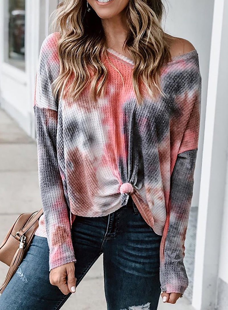 Off Shoulder Tie Dyed Women Casual Long Sleeve Shirt