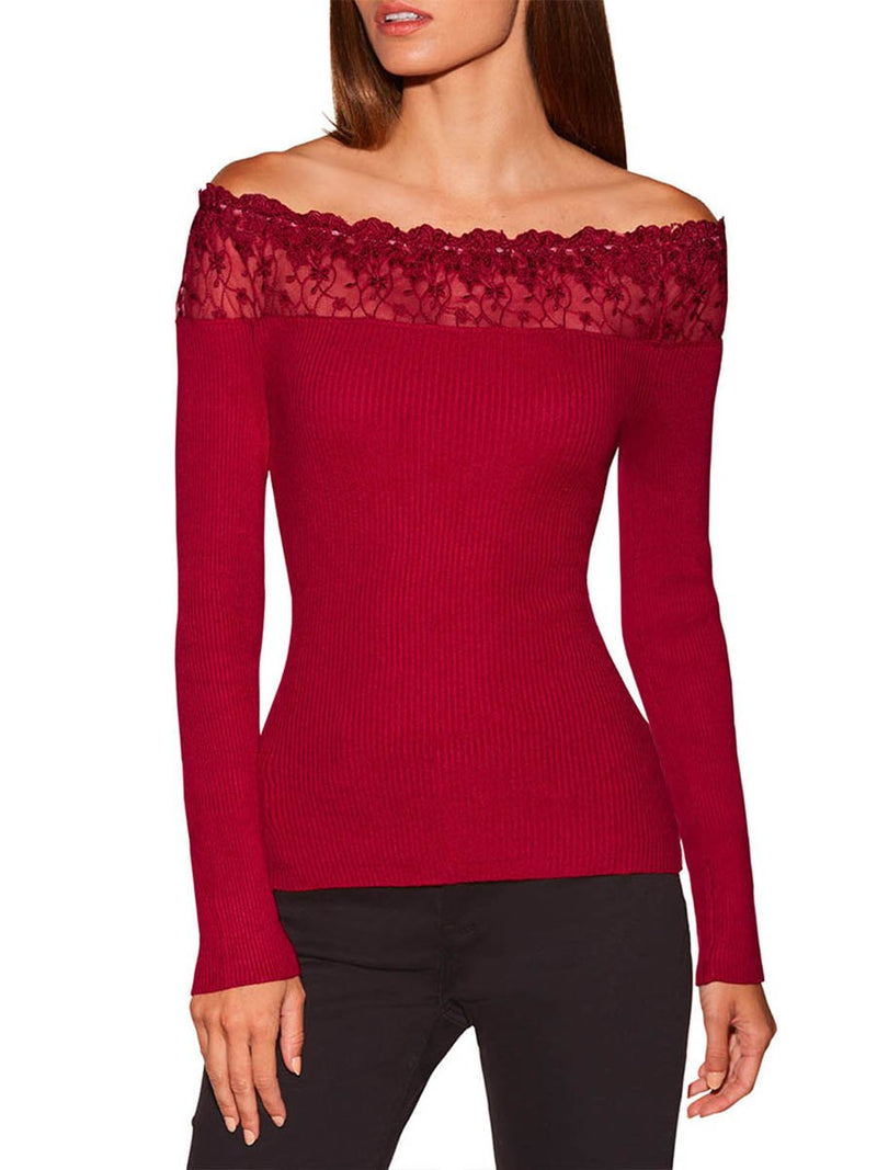 Lace Off Shoulder Ribbed Sweater Top