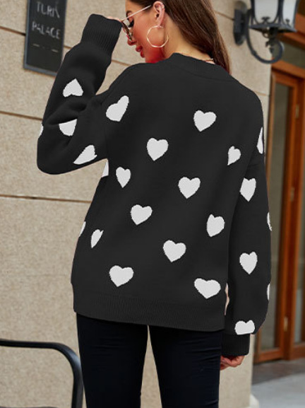 Heart Printed Long Sleeve Solid Color Sweatshirt