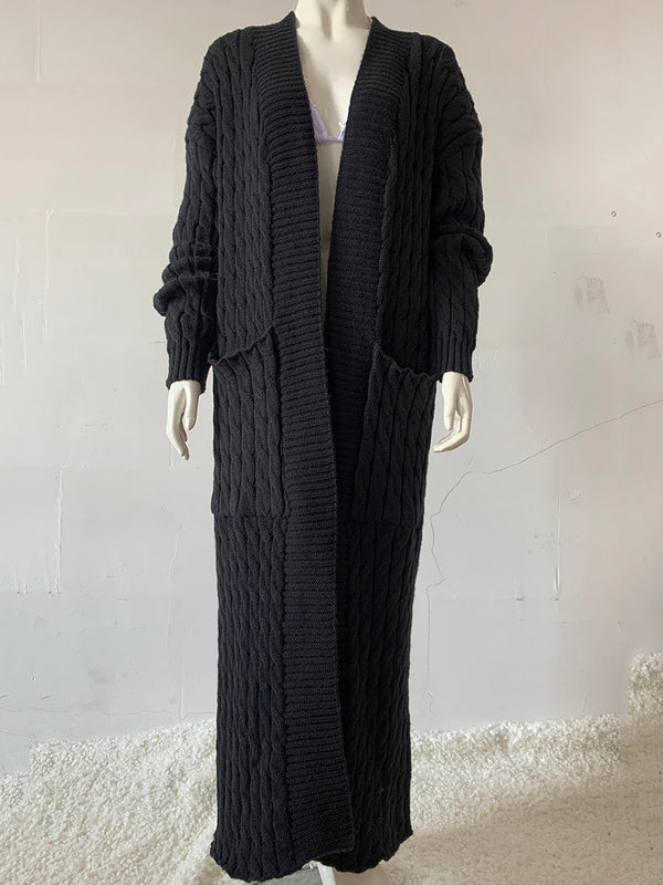 Open Front Pocketed Knitted Maxi Cardigan Sweater