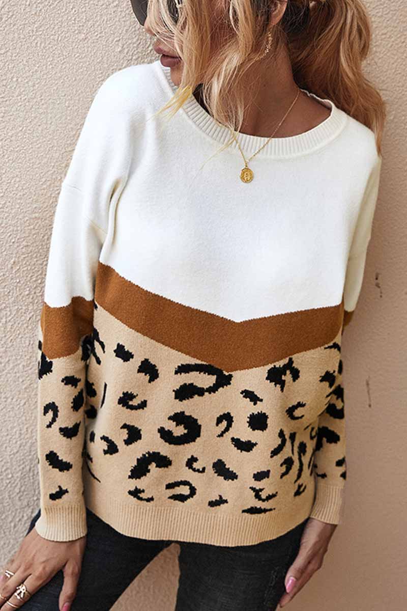 Florcoo Leopard  Splice Contrast O-neck Sweater