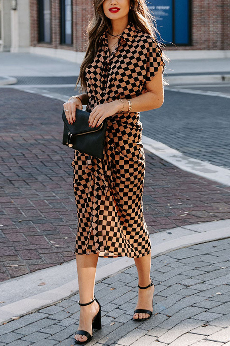 Checkmate Printed Tie Front Midi Shirt Dress