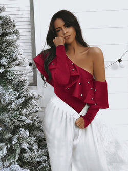 Red Long Sleeve Plain Sexy Off Shoulder T-shirt