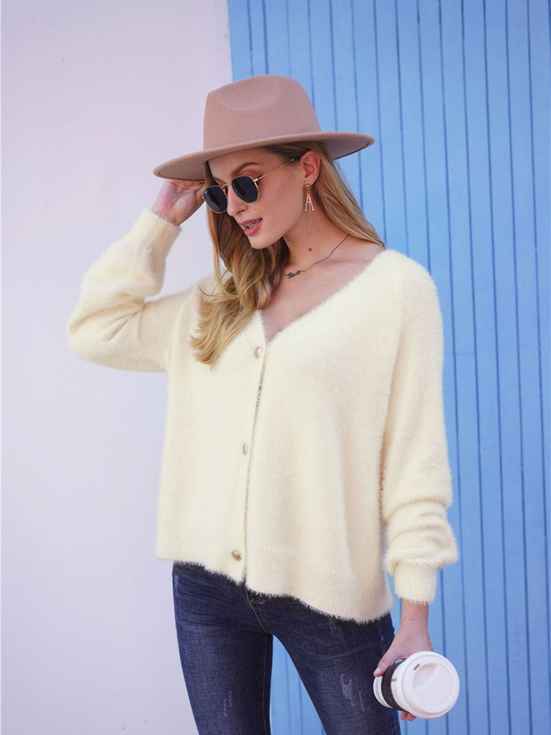 Solid Color Button V-neck Sweater