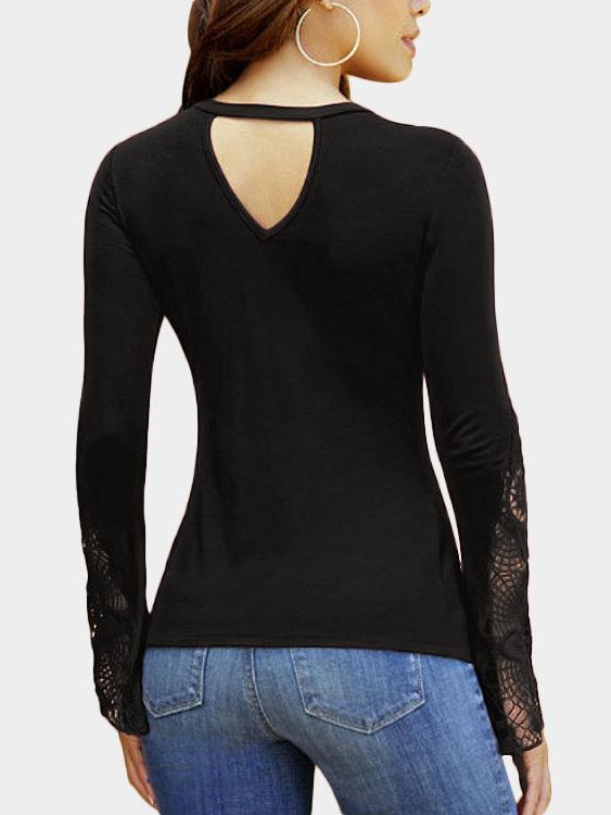 Black Lace Detail Twist Knot Design V-neck Long Sleeves Blouse - Landing Closet