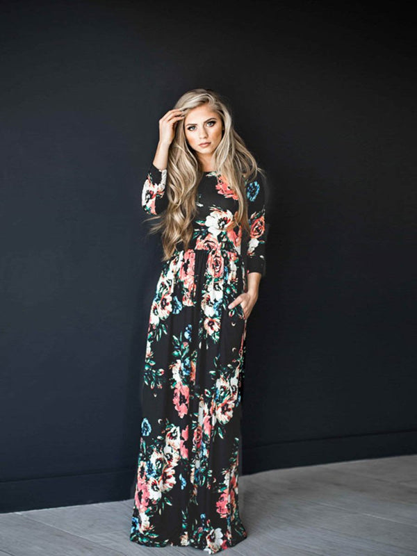 Long Sleeve Floral Print Belt Maxi Dress