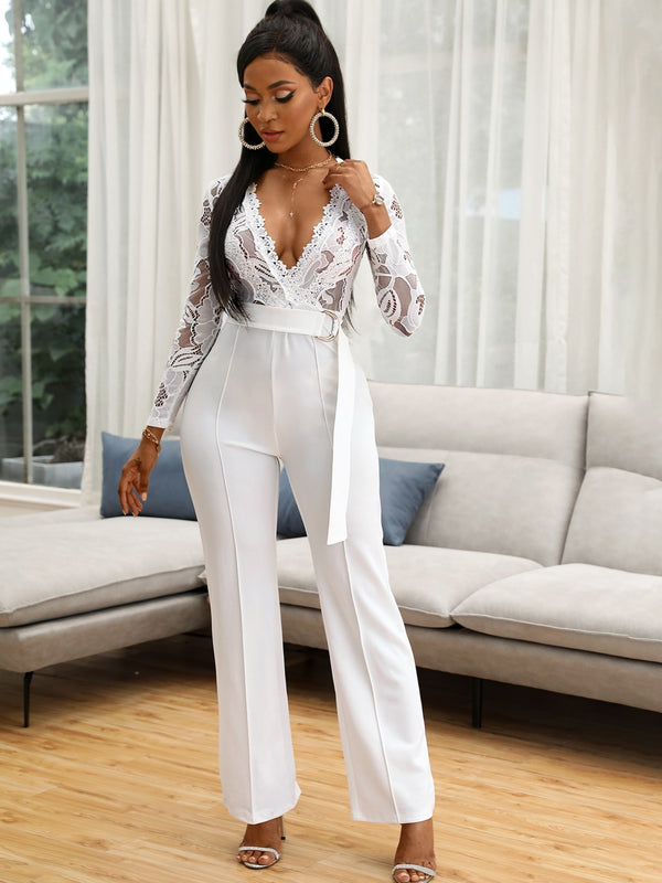 Casual Wide White Lace Panel Deep V Neck Jumpsuit