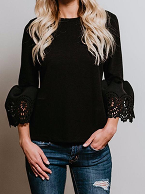 Flared Sleeve Solid Color Rib Blouse - Landing Closet