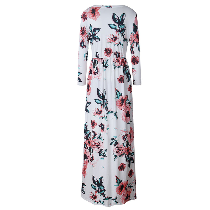 Long Sleeve Floral Print Belt Maxi Dress