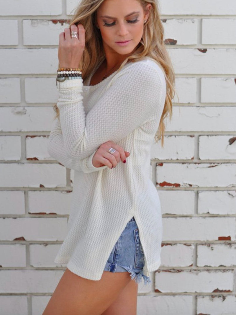 Round Neck Side Split Knitted Top Sweater