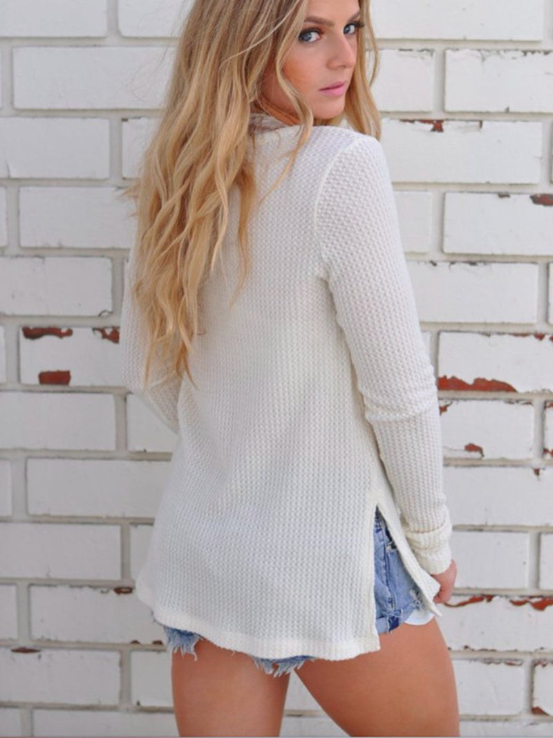 Round Neck Side Split Knitted Top Sweater