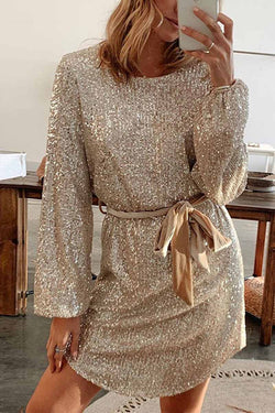 Round Neck Lamp Basket Sleeve Sequins Mini Dress