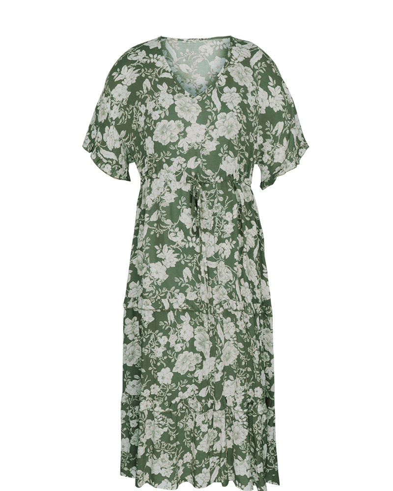 Short Sleeve Floral Midi V Neck Dress