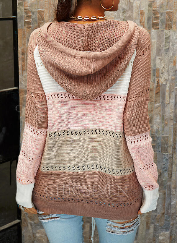 V Neck Long Sleeve Color Block Knit Hooded Sweater