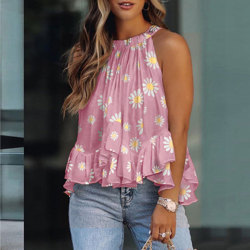 Halter Neck Floral Sleeveless Loose Fit Tunic Blouse