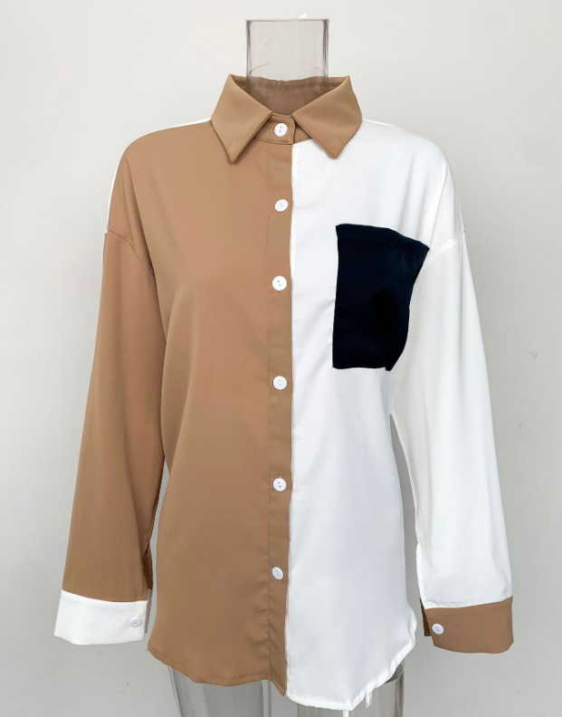 Buton Down Collar Long Sleeve Color Block Shirt Top