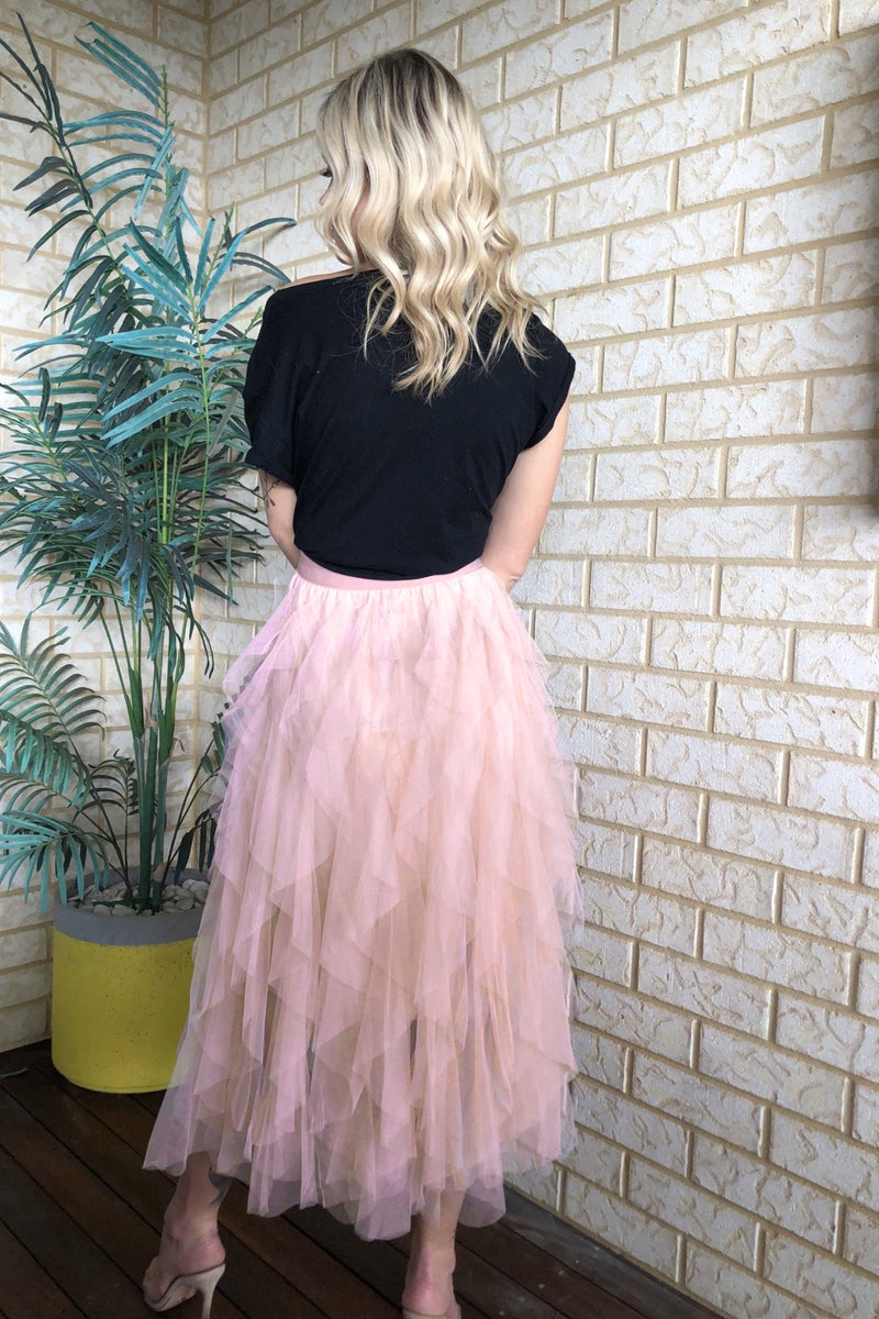 Elastic Waist Tulle Tiered Classic Long Skirt