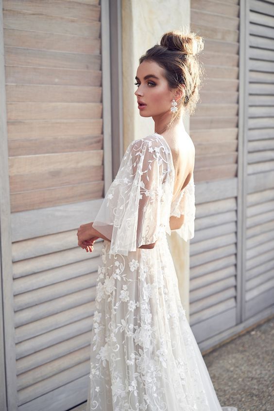 Short Sleeve V Neck Lace Chiffon Bridesmaid Wedding Gown