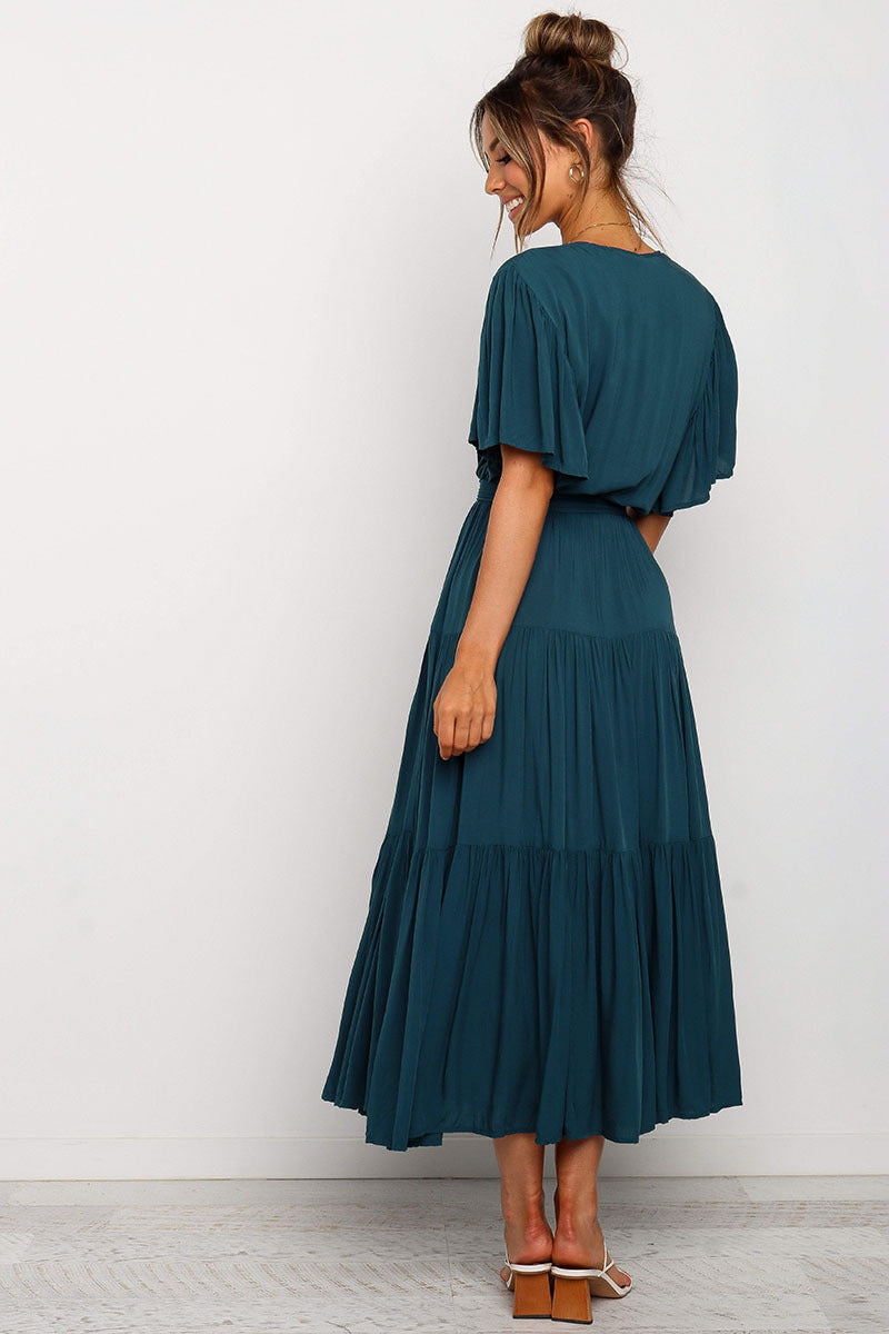 V Neck Tie Waist Short Sleeve Maxi Dress