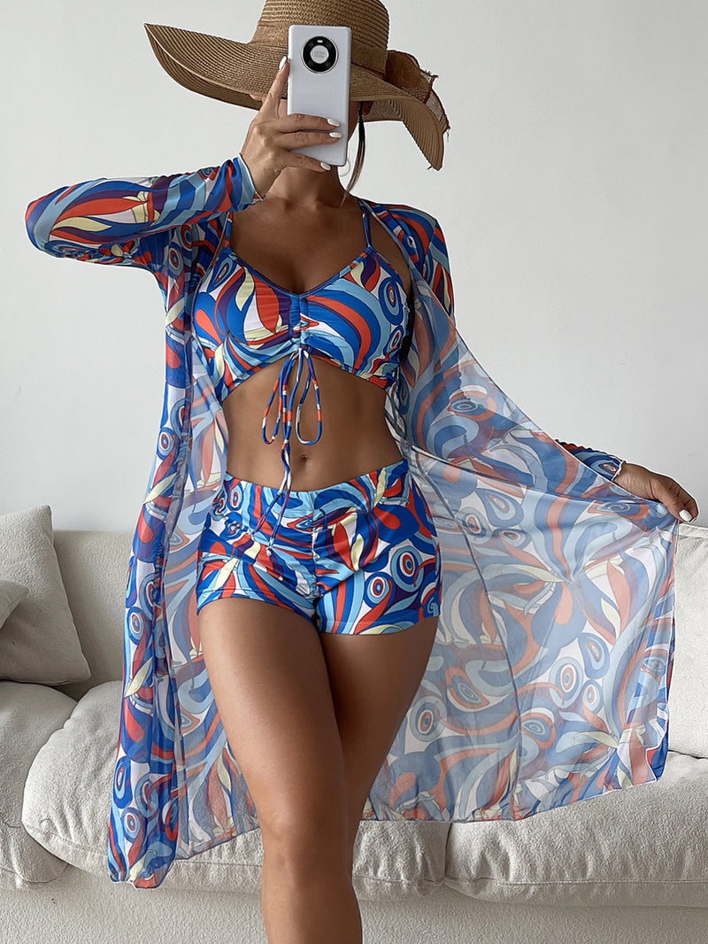 Three Piece Drawstring Printed Bikini Cover Up Swimwear Set